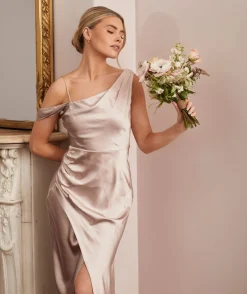 Asymmetrical Bardot Strap Satin Bridesmaid Dress - Oyster