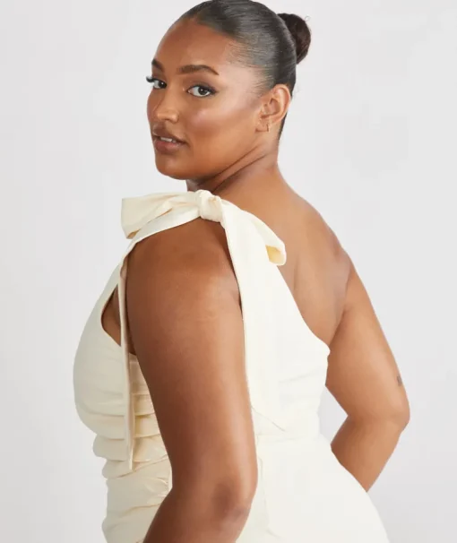 Bow One Shoulder Gathered Crepe Bridesmaid Dress - Almond