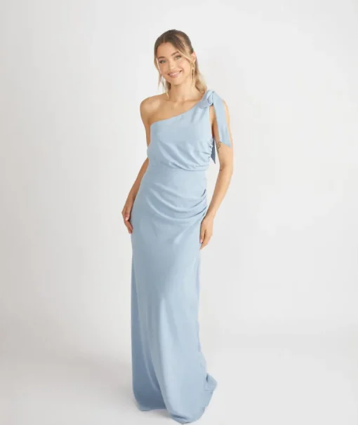 Bow One Shoulder Gathered Crepe Bridesmaid Dress - Pale Blue