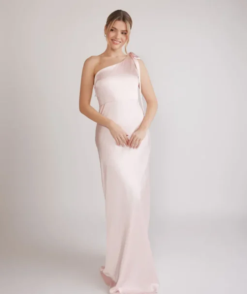 Bow One Shoulder Satin Bridesmaid Dress - Pale Pink