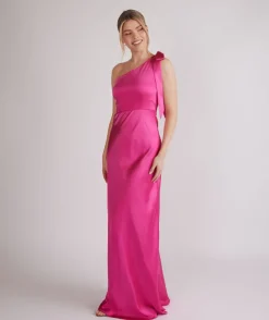 Bow One Shoulder Satin Bridesmaid Dress - Fuchsia Pink