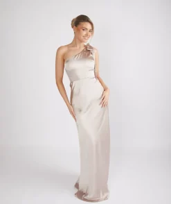 Bow One Shoulder Satin Bridesmaid Dress - Oyster