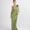 Bow One Shoulder Satin Bridesmaid Dress - Moss Green