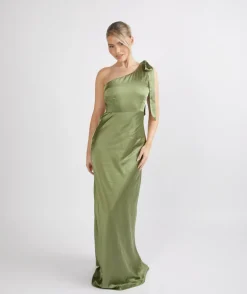 Bow One Shoulder Satin Bridesmaid Dress - Moss Green