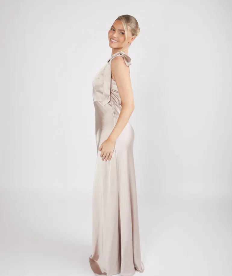 Bow One Shoulder Satin Bridesmaid Dress - Oyster