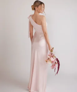 Bow One Shoulder Satin Bridesmaid Dress - Pale Pink