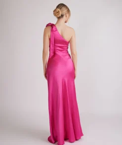 Bow One Shoulder Satin Bridesmaid Dress - Fuchsia Pink