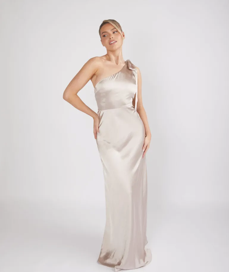 Bow One Shoulder Satin Bridesmaid Dress - Oyster