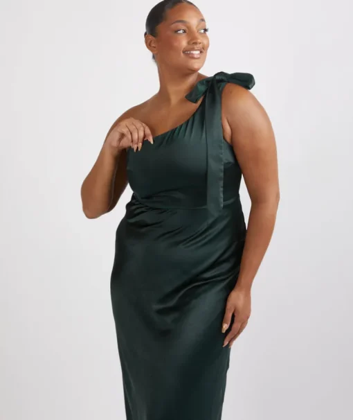 Bow One Shoulder Satin Bridesmaid Dress - Emerald
