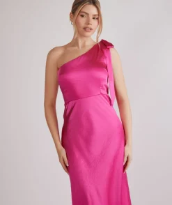 Bow One Shoulder Satin Bridesmaid Dress - Fuchsia Pink