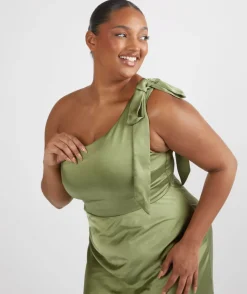 Bow One Shoulder Satin Bridesmaid Dress - Moss Green