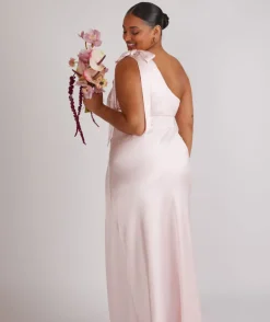 Bow One Shoulder Satin Bridesmaid Dress - Pale Pink