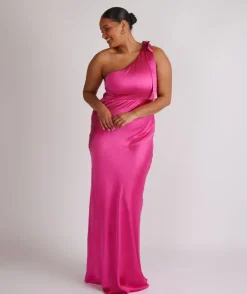 Bow One Shoulder Satin Bridesmaid Dress - Fuchsia Pink