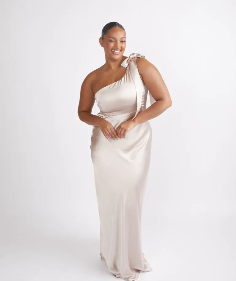 Bow One Shoulder Satin Bridesmaid Dress - Oyster