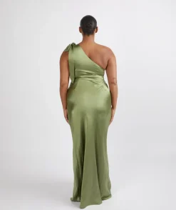 Bow One Shoulder Satin Bridesmaid Dress - Moss Green