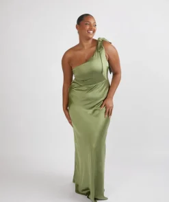 Bow One Shoulder Satin Bridesmaid Dress - Moss Green