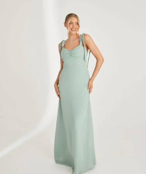 Bow Tie Shoulder Chiffon Bridesmaid Dress - Sage