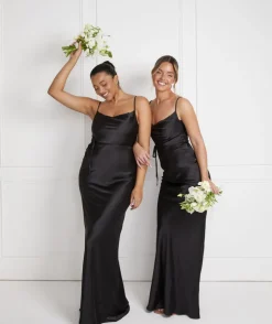 Cami Cowl Front Satin Bridesmaid Dress - Black