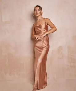 Cami Cowl Front Satin Bridesmaid Dress - Burnt Peach