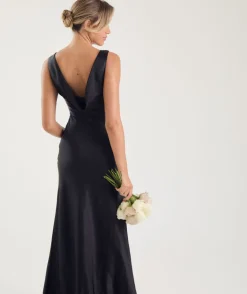 Cowl Back Satin Bridesmaid Dress - Black