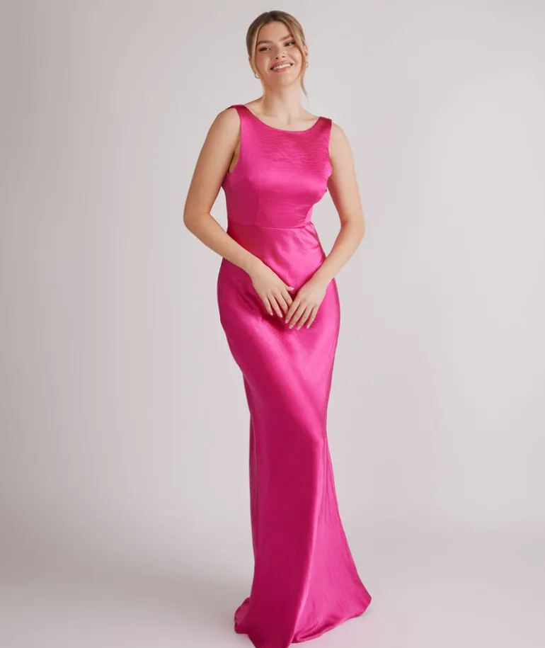 Cowl Back Satin Bridesmaid Dress - Fuchsia Pink