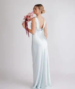 Cowl Back Satin Bridesmaid Dress - Ice Blue