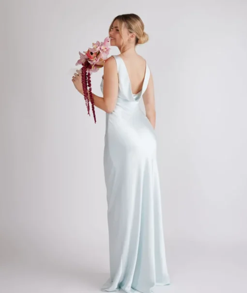 Cowl Back Satin Bridesmaid Dress - Ice Blue