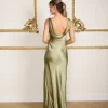 Cowl Back Satin Bridesmaid Dress - Moss Green