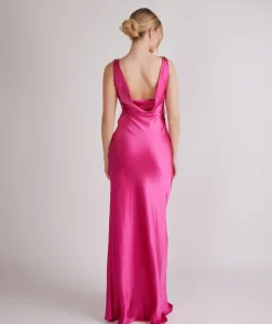 Cowl Back Satin Bridesmaid Dress - Fuchsia Pink