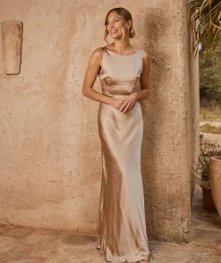 Cowl Back Satin Bridesmaid Dress - Champagne