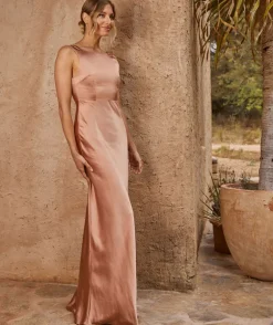 Cowl Back Satin Bridesmaid Dress - Burnt Peach
