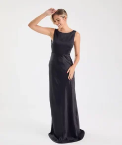 Cowl Back Satin Bridesmaid Dress - Black