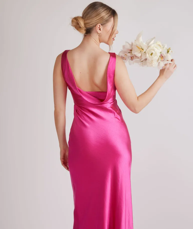Cowl Back Satin Bridesmaid Dress - Fuchsia Pink