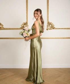Cowl Back Satin Bridesmaid Dress - Moss Green