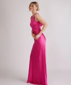 Cowl Back Satin Bridesmaid Dress - Fuchsia Pink