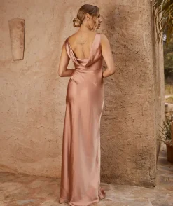 Cowl Back Satin Bridesmaid Dress - Burnt Peach