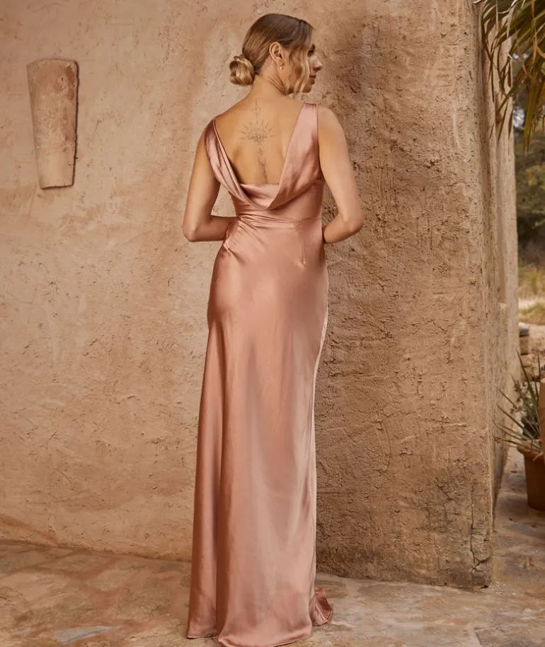 Cowl Back Satin Bridesmaid Dress - Burnt Peach