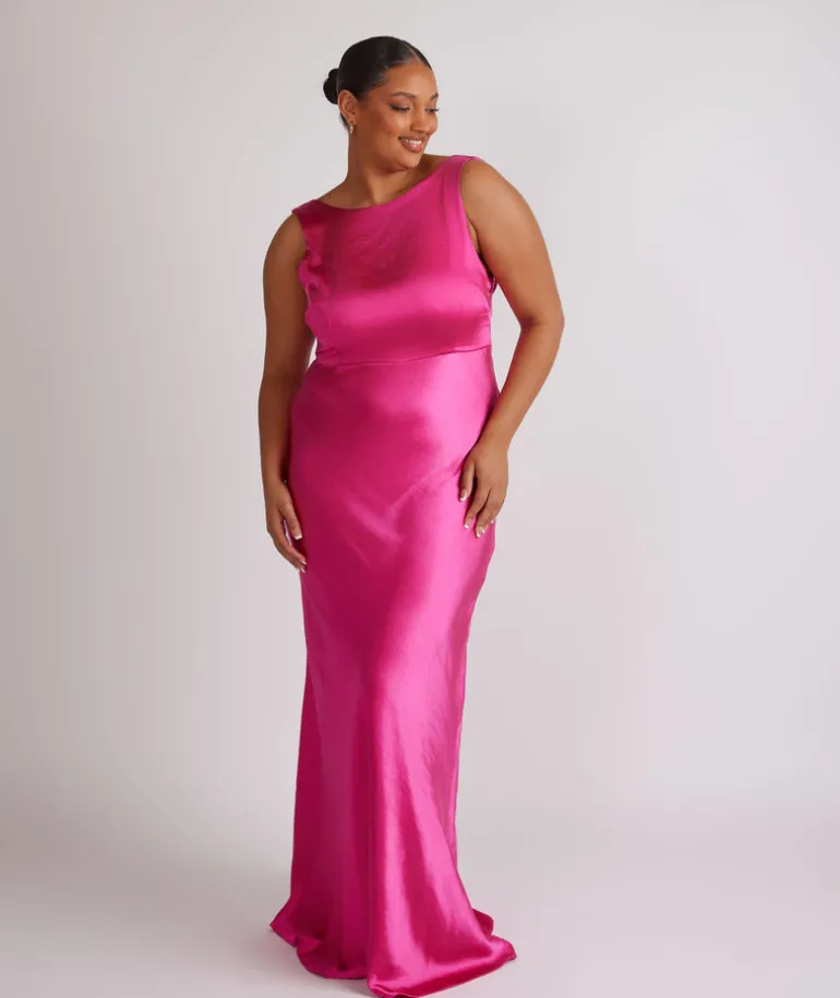 Cowl Back Satin Bridesmaid Dress - Fuchsia Pink