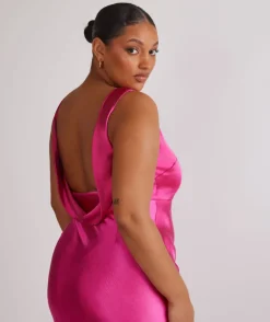 Cowl Back Satin Bridesmaid Dress - Fuchsia Pink