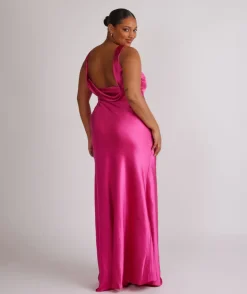 Cowl Back Satin Bridesmaid Dress - Fuchsia Pink