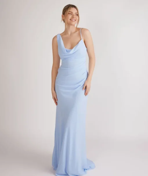 Cowl Front Asymmetrical Chiffon Bridesmaid Dress - Cornflower Blue