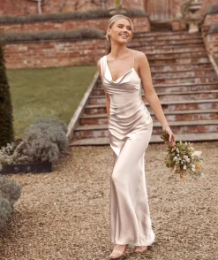 Cowl Front Asymmetrical Satin Bridesmaid Dress - Oyster