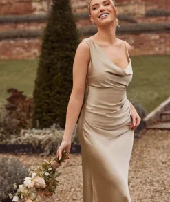 Cowl Front Asymmetrical Satin Bridesmaid Dress - Champagne