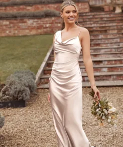 Cowl Front Asymmetrical Satin Bridesmaid Dress - Oyster