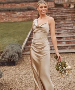 Cowl Front Asymmetrical Satin Bridesmaid Dress - Champagne