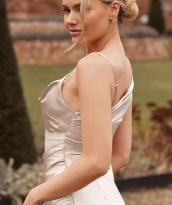 Cowl Front Asymmetrical Satin Bridesmaid Dress - Oyster