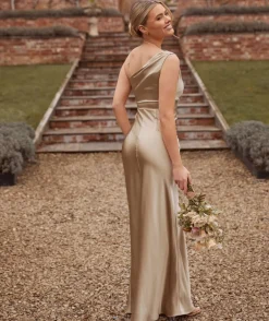 Cowl Front Asymmetrical Satin Bridesmaid Dress - Champagne