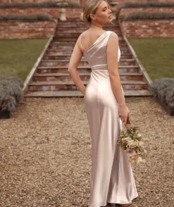Cowl Front Asymmetrical Satin Bridesmaid Dress - Oyster