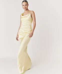 Cowl Front Asymmetrical Satin Bridesmaid Dress - Butter Lemon