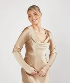 Cowl Front Long Sleeve Satin Bridesmaid Dress - Champagne